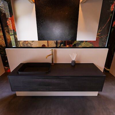 Badkamermeubelset Mondiaz Erin 150 cm met 1 Lade met RIDGE Wastafel Links Urban met 1 kraangat Greeploos Mat Dark Brown