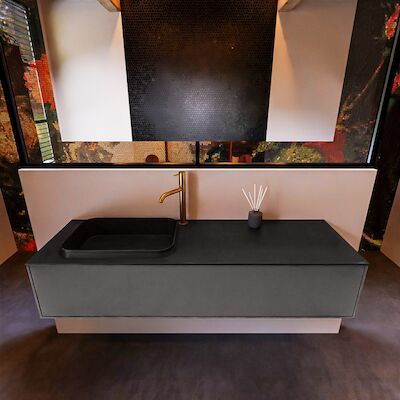 Badkamermeubelset Mondiaz Erin 150 cm met 1 Lade met RIDGE Wastafel Links Urban met 1 kraangat Greeploos Mat Dark Grey