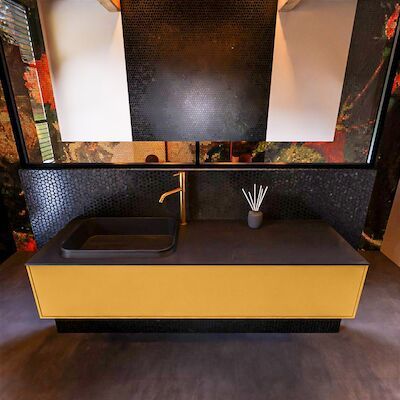 Badkamermeubelset Mondiaz Erin 150 cm met 1 Lade met RIDGE Wastafel Links Urban met 1 kraangat Greeploos Mat Ocher
