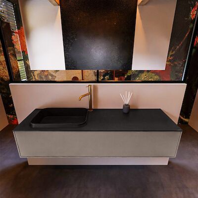 Badkamermeubelset Mondiaz Erin 150 cm met 1 Lade met RIDGE Wastafel Links Urban met 1 kraangat Greeploos Mat Smoke