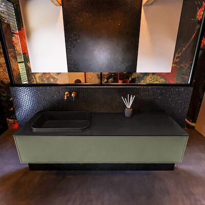 Badkamermeubelset Mondiaz Erin 150 cm met 1 Lade met RIDGE Wastafel Links Urban Zonder Kraangaten Greeploos Mat Army