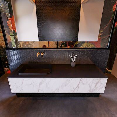 Badkamermeubelset Mondiaz Erin 150 cm met 1 Lade met RIDGE Wastafel Links Urban Zonder Kraangaten Greeploos Mat Carrara