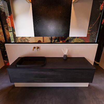 Badkamermeubelset Mondiaz Erin 150 cm met 1 Lade met RIDGE Wastafel Links Urban Zonder Kraangaten Greeploos Mat Dark Brown