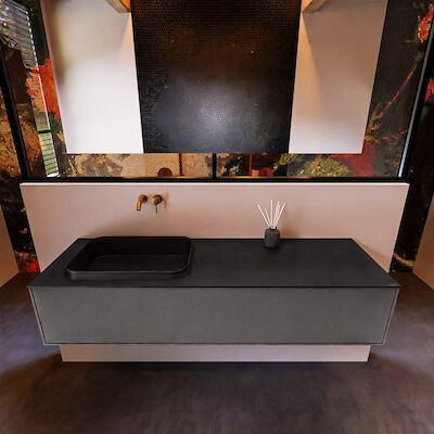 Badkamermeubelset Mondiaz Erin 150 cm met 1 Lade met RIDGE Wastafel Links Urban Zonder Kraangaten Greeploos Mat Dark Grey