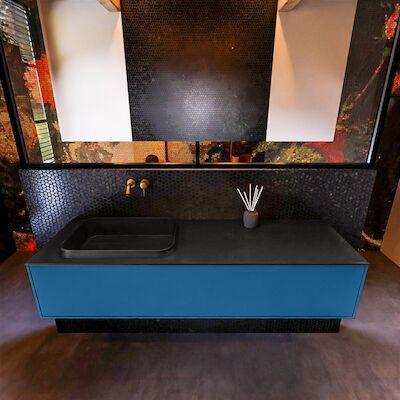 Badkamermeubelset Mondiaz Erin 150 cm met 1 Lade met RIDGE Wastafel Links Urban Zonder Kraangaten Greeploos Mat Jeans