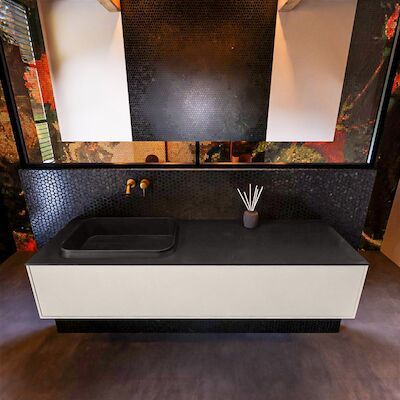 Badkamermeubelset Mondiaz Erin 150 cm met 1 Lade met RIDGE Wastafel Links Urban Zonder Kraangaten Greeploos Mat Linen