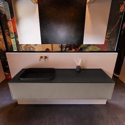 Badkamermeubelset Mondiaz Erin 150 cm met 1 Lade met RIDGE Wastafel Links Urban Zonder Kraangaten Greeploos Mat Smoke