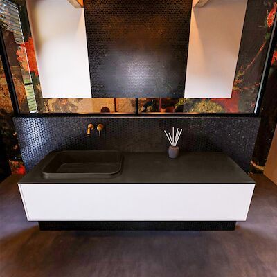 Badkamermeubelset Mondiaz Erin 150 cm met 1 Lade met RIDGE Wastafel Links Urban Zonder Kraangaten Greeploos Mat Talc