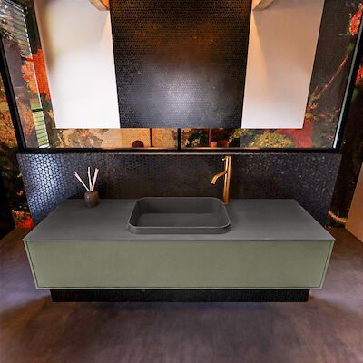Badkamermeubelset Mondiaz Erin 150 cm met 1 Lade met RIDGE Wastafel Midden Dark grey met 1 kraangat Greeploos Mat Army