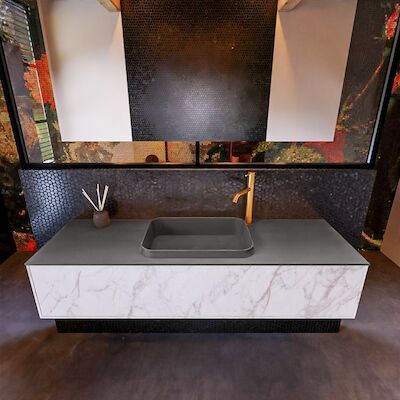 Badkamermeubelset Mondiaz Erin 150 cm met 1 Lade met RIDGE Wastafel Midden Dark grey met 1 kraangat Greeploos Mat Carrara