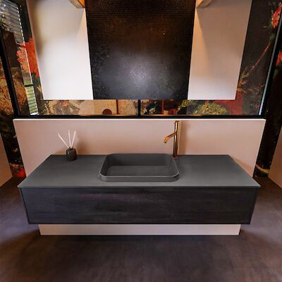 Badkamermeubelset Mondiaz Erin 150 cm met 1 Lade met RIDGE Wastafel Midden Dark grey met 1 kraangat Greeploos Mat Dark Brown