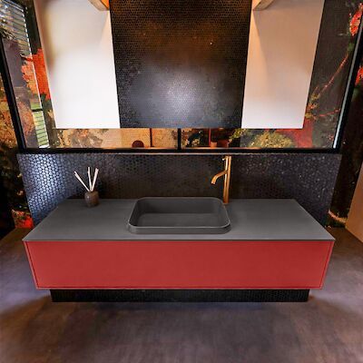 Badkamermeubelset Mondiaz Erin 150 cm met 1 Lade met RIDGE Wastafel Midden Dark grey met 1 kraangat Greeploos Mat Fire