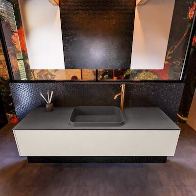 Badkamermeubelset Mondiaz Erin 150 cm met 1 Lade met RIDGE Wastafel Midden Dark grey met 1 kraangat Greeploos Mat Linen