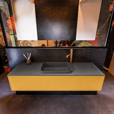 Badkamermeubelset Mondiaz Erin 150 cm met 1 Lade met RIDGE Wastafel Midden Dark grey met 1 kraangat Greeploos Mat Ocher