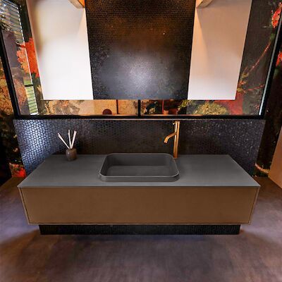 Badkamermeubelset Mondiaz Erin 150 cm met 1 Lade met RIDGE Wastafel Midden Dark grey met 1 kraangat Greeploos Mat Rust