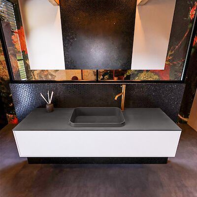 Badkamermeubelset Mondiaz Erin 150 cm met 1 Lade met RIDGE Wastafel Midden Dark grey met 1 kraangat Greeploos Mat Talc