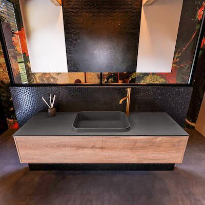 Badkamermeubelset Mondiaz Erin 150 cm met 1 Lade met RIDGE Wastafel Midden Dark grey met 1 kraangat Greeploos Mat Washed Oak