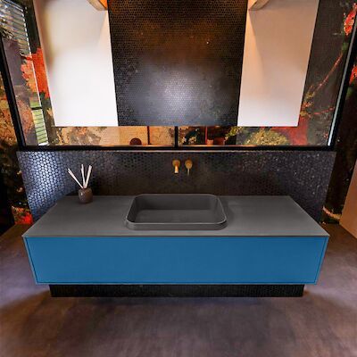 Badkamermeubelset Mondiaz Erin 150 cm met 1 Lade met RIDGE Wastafel Midden Dark grey Zonder Kraangaten Greeploos Mat Jeans