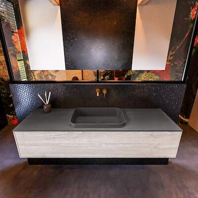 Badkamermeubelset Mondiaz Erin 150 cm met 1 Lade met RIDGE Wastafel Midden Dark grey Zonder Kraangaten Greeploos Mat Light Brown Grey