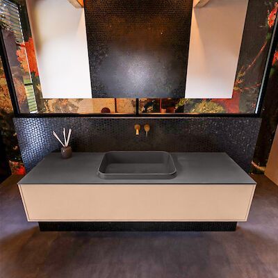 Badkamermeubelset Mondiaz Erin 150 cm met 1 Lade met RIDGE Wastafel Midden Dark grey Zonder Kraangaten Greeploos Mat Rosee