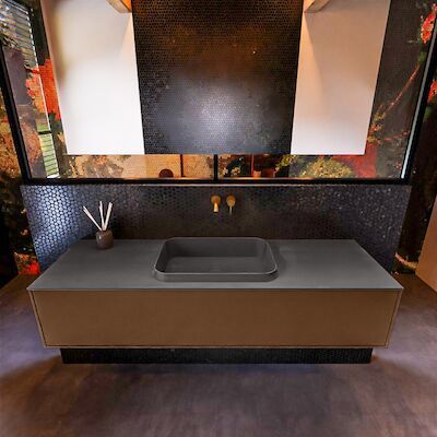 Badkamermeubelset Mondiaz Erin 150 cm met 1 Lade met RIDGE Wastafel Midden Dark grey Zonder Kraangaten Greeploos Mat Rust