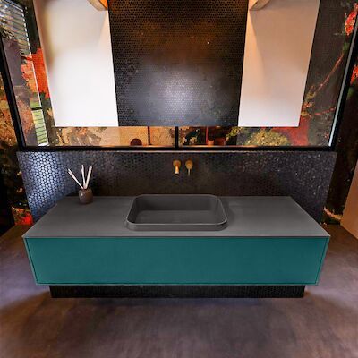 Badkamermeubelset Mondiaz Erin 150 cm met 1 Lade met RIDGE Wastafel Midden Dark grey Zonder Kraangaten Greeploos Mat Smag