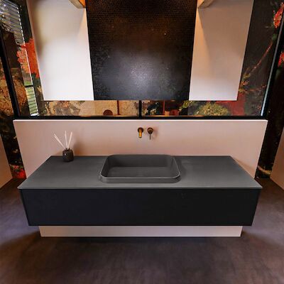 Badkamermeubelset Mondiaz Erin 150 cm met 1 Lade met RIDGE Wastafel Midden Dark grey Zonder Kraangaten Greeploos Mat Urban