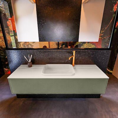 Badkamermeubelset Mondiaz Erin 150 cm met 1 Lade met RIDGE Wastafel Midden Linen met 1 kraangat Greeploos Mat Army