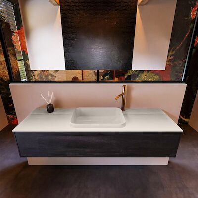 Badkamermeubelset Mondiaz Erin 150 cm met 1 Lade met RIDGE Wastafel Midden Linen met 1 kraangat Greeploos Mat Dark Brown