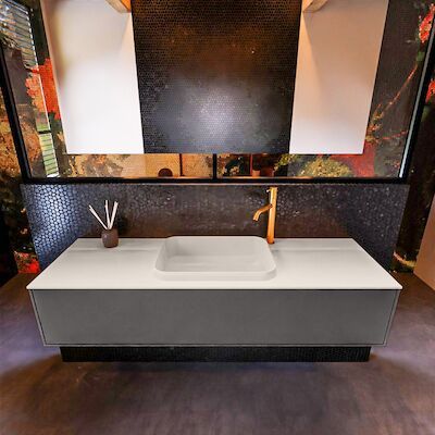 Badkamermeubelset Mondiaz Erin 150 cm met 1 Lade met RIDGE Wastafel Midden Linen met 1 kraangat Greeploos Mat Dark Grey