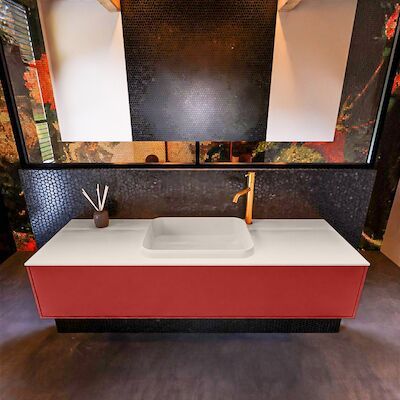 Badkamermeubelset Mondiaz Erin 150 cm met 1 Lade met RIDGE Wastafel Midden Linen met 1 kraangat Greeploos Mat Fire