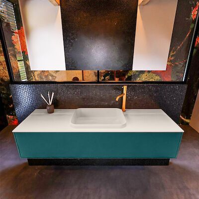 Badkamermeubelset Mondiaz Erin 150 cm met 1 Lade met RIDGE Wastafel Midden Linen met 1 kraangat Greeploos Mat Smag