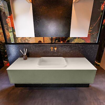 Badkamermeubelset Mondiaz Erin 150 cm met 1 Lade met RIDGE Wastafel Midden Linen Zonder Kraangaten Greeploos Mat Army