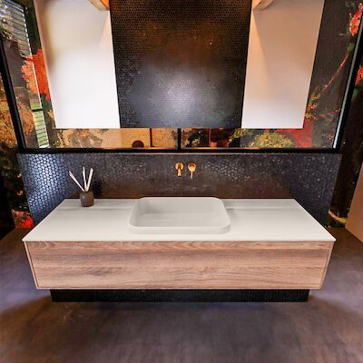 Badkamermeubelset Mondiaz Erin 150 cm met 1 Lade met RIDGE Wastafel Midden Linen Zonder Kraangaten Greeploos Mat Dark Brown Grey