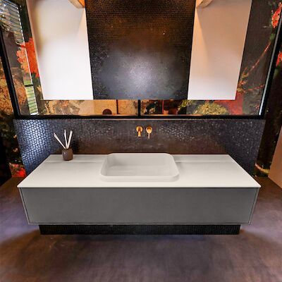 Badkamermeubelset Mondiaz Erin 150 cm met 1 Lade met RIDGE Wastafel Midden Linen Zonder Kraangaten Greeploos Mat Dark Grey