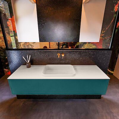 Badkamermeubelset Mondiaz Erin 150 cm met 1 Lade met RIDGE Wastafel Midden Linen Zonder Kraangaten Greeploos Mat Smag
