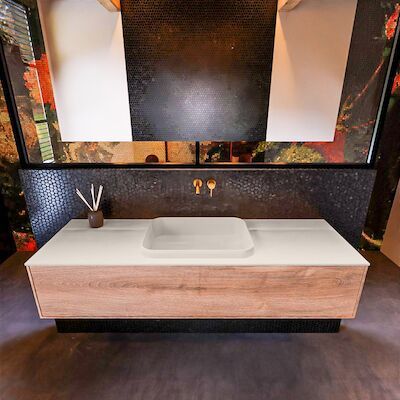 Badkamermeubelset Mondiaz Erin 150 cm met 1 Lade met RIDGE Wastafel Midden Linen Zonder Kraangaten Greeploos Mat Washed Oak