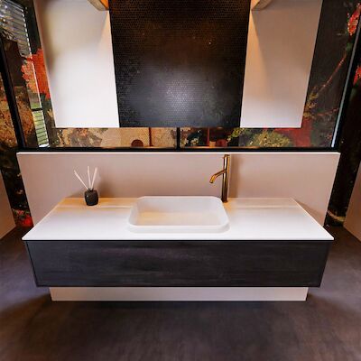 Badkamermeubelset Mondiaz Erin 150 cm met 1 Lade met RIDGE Wastafel Midden Talc met 1 kraangat Greeploos Mat Antracite