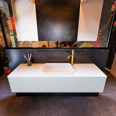 Badkamermeubelset Mondiaz Erin 150 cm met 1 Lade met RIDGE Wastafel Midden Talc met 1 kraangat Greeploos Mat Clay