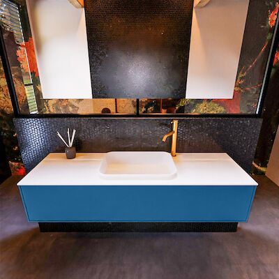 Badkamermeubelset Mondiaz Erin 150 cm met 1 Lade met RIDGE Wastafel Midden Talc met 1 kraangat Greeploos Mat Jeans