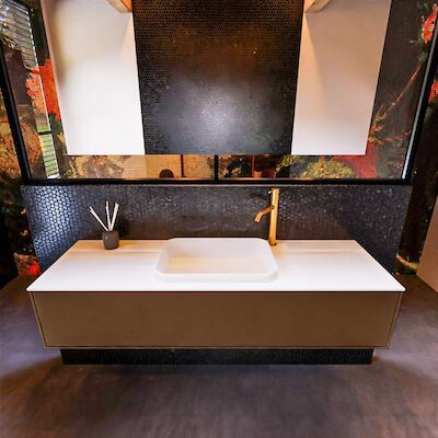 Badkamermeubelset Mondiaz Erin 150 cm met 1 Lade met RIDGE Wastafel Midden Talc met 1 kraangat Greeploos Mat Rust