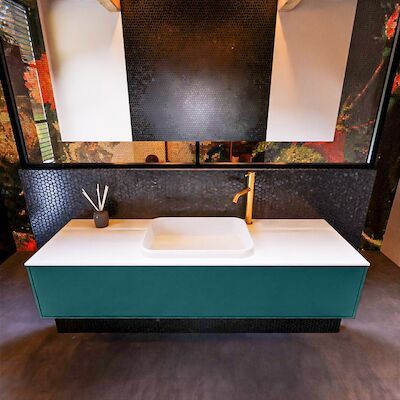 Badkamermeubelset Mondiaz Erin 150 cm met 1 Lade met RIDGE Wastafel Midden Talc met 1 kraangat Greeploos Mat Smag