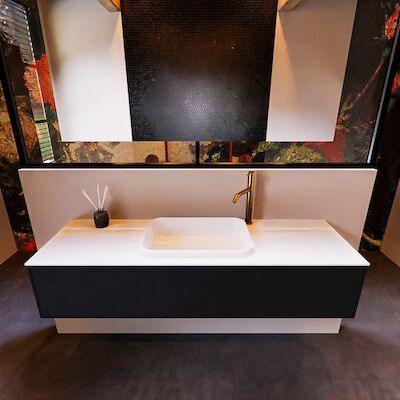 Badkamermeubelset Mondiaz Erin 150 cm met 1 Lade met RIDGE Wastafel Midden Talc met 1 kraangat Greeploos Mat Urban