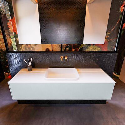 Badkamermeubelset Mondiaz Erin 150 cm met 1 Lade met RIDGE Wastafel Midden Talc Zonder Kraangaten Greeploos Mat Clay