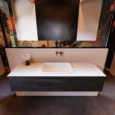Badkamermeubelset Mondiaz Erin 150 cm met 1 Lade met RIDGE Wastafel Midden Talc Zonder Kraangaten Greeploos Mat Dark Brown