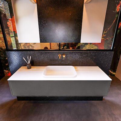 Badkamermeubelset Mondiaz Erin 150 cm met 1 Lade met RIDGE Wastafel Midden Talc Zonder Kraangaten Greeploos Mat Dark Grey