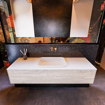 Badkamermeubelset Mondiaz Erin 150 cm met 1 Lade met RIDGE Wastafel Midden Talc Zonder Kraangaten Greeploos Mat Light Brown Grey