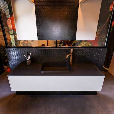 Badkamermeubelset Mondiaz Erin 150 cm met 1 Lade met RIDGE Wastafel Midden Urban met 1 kraangat Greeploos Mat Cale