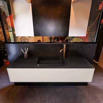 Badkamermeubelset Mondiaz Erin 150 cm met 1 Lade met RIDGE Wastafel Midden Urban met 1 kraangat Greeploos Mat Linen