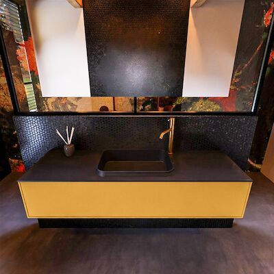 Badkamermeubelset Mondiaz Erin 150 cm met 1 Lade met RIDGE Wastafel Midden Urban met 1 kraangat Greeploos Mat Ocher